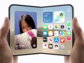 İki elin her biri, biri katlanmış diğeri açılmış bir iPhone Duo tutuyor