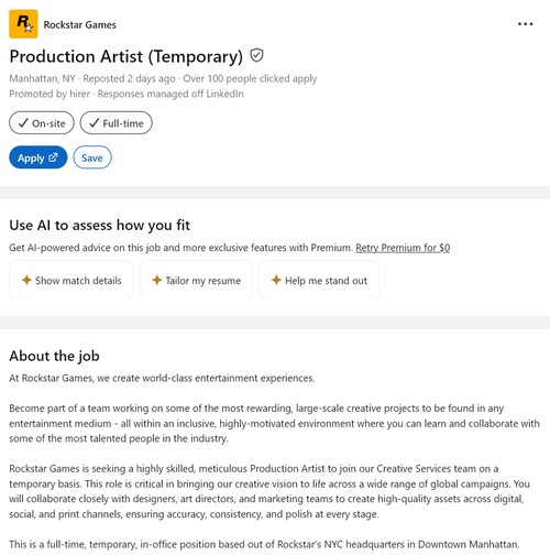 LinkedIn Rockstar Games'in prodüksiyon sanatçısı için iş ilanı gösterildi