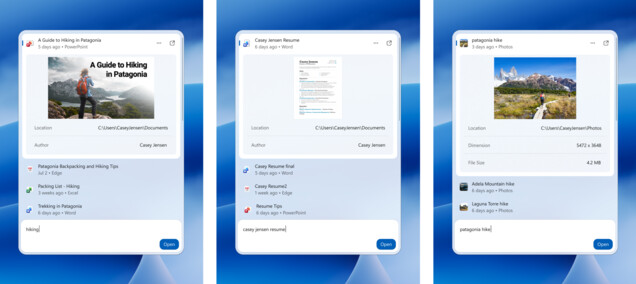 Belgelerin ve fotoğrafların satır içi önizlemelerini gösteren yeni Windows Search.