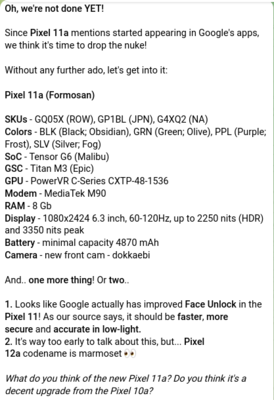 Pixel 11a'nın sızdırılan teknik özellikleri