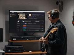 Gitarist, StemKit uygulamasını gösteren bir monitörün önünde çalıyor.