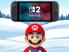 Kış fonunda Switch 2'nin altında duran Mario (Görsel kaynağı: Nintendo of America, düzenlemelerle)
