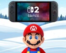 Kış fonunda Switch 2'nin altında duran Mario (Görsel kaynağı: Nintendo of America, düzenlemelerle)