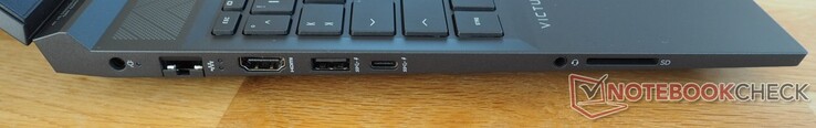 Sol taraf: güç bağlantısı, RJ45-LAN, HDMI 2.1, USB-A 3.0, USB-C 3.0 (DisplayPort dahil), ses bağlantı noktası, kart okuyucu