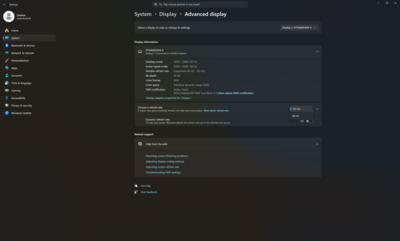 Yenileme hızı seçenekleriyle Windows Gelişmiş ekran ayarları