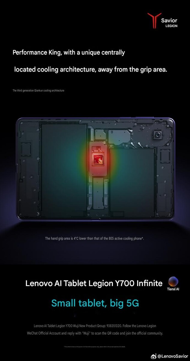Lenovo Legion Y700 Infinite'in iç yapısı, ortada konumlandırılmış Snapdragon işlemciyi ve oyun oynarken tabletin tutma alanını daha serin tutmak için tasarlanmış termal mimariyi göstermektedir.