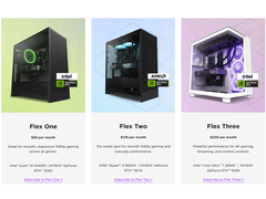 NZXT Flex PC kiralama abonelik programından bir ekran görüntüsü, tüketicilere sunulan farklı kademeleri vurguluyor