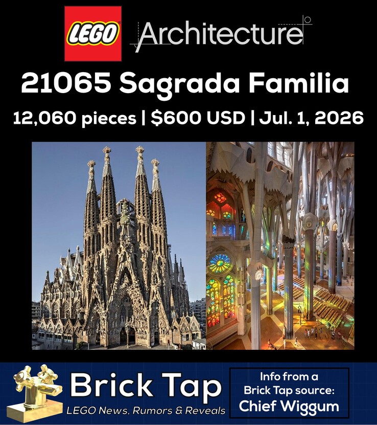 Yeni LEGO seti 21065 Sagrada Familia'yı duyuran bir görsel.