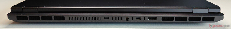 Arka kısım: Thunderbolt 4 ile USB-C 4.0 (40 Gbps, iGPU üzerinden DisplayPort 2.1, 140 W Güç Dağıtımı), güç konektörü, Mini DisplayPort 2.1 (dGPU üzerinden, DP40/UHBR10, VRR/G-Sync), HDMI 2.1 (dGPU üzerinden, 48 Gbps, HDCP 2.3, VRR/G-Sync)