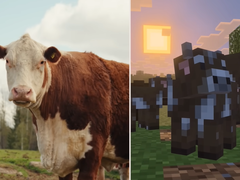 Minecraft Tiny Takeover Güncellemesinden oyun içi inekleri gerçek bir inekle karşılaştıran bir ekran görüntüsü