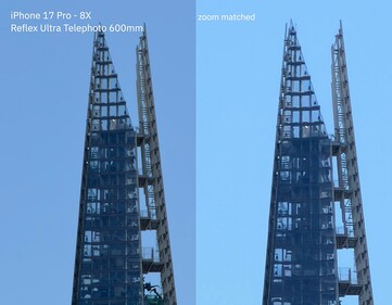 iPhone 17 Pro - 300-600 mm lens ile 24 x kayıpsız yakınlaştırma (solda) ve 24x dijital yakınlaştırma (sağda).