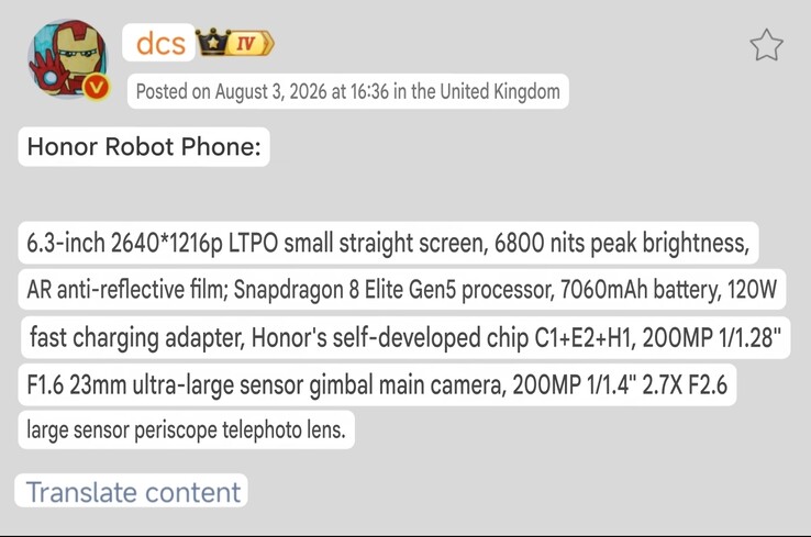 DCS'nin Weibo gönderisinde ayrıntılı olarak açıklanan Honor Robot Phone teknik özellikleri