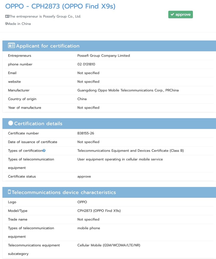 Oppo Find X9s NBTC sertifikasını aldı.