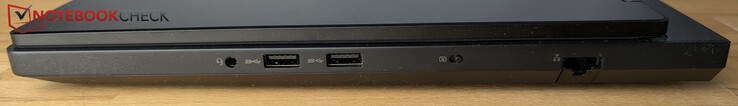 Sağ: 3,5 mm kulaklık girişi, 2× USB-A (5 Gbps), web kamerası deklanşörü, LAN
