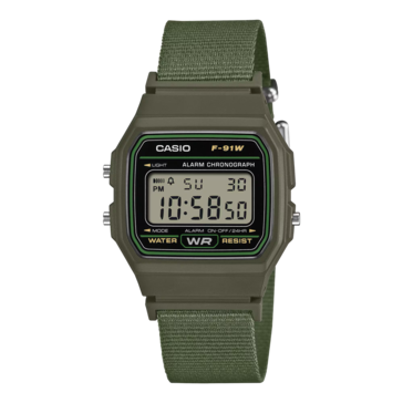 Zeytin yeşili kumaş kayışlı Casio F-91WF-3A.