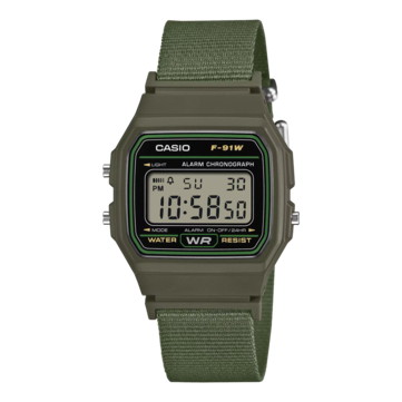 Yeşil detaylara sahip siyah kasalı ve yeşil dokuma kumaş kayışlı Casio F-91WF-3A dijital saat.