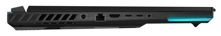 Sol taraf: güç, Gigabit Ethernet (2,5 Gbit), HDMI, Thunderbolt 4 (USB-C; DisplayPort, G-Sync), USB 3.2 Gen 2 (USB-C; Power Delivery, DisplayPort), ses birleşik bağlantı noktası