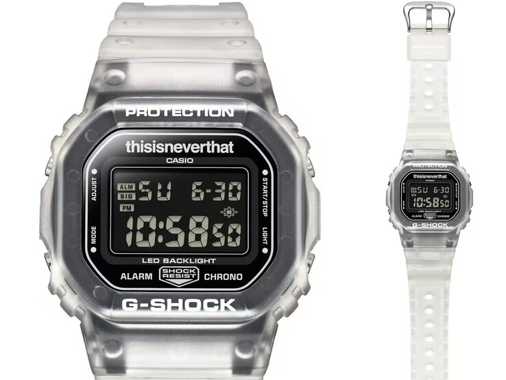 Casio G-Shock DW-5600TNT-7 modelinin önden görünümü; ters çevrilmiş LCD ekranı ve yarı saydam çerçevesi görülüyor.