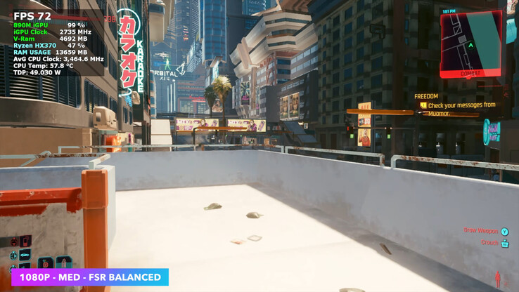 Cyberpunk 2077, AceMagic Retro X5'te FSR Balanced ile orta ayarlarda ortalama 70 FPS ile çalışıyor.