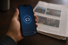 Bir el, üzerinde sohbet robotu simgesi bulunan bir akıllı telefonu tutuyor; yanında basılı bir gazete duruyor.
