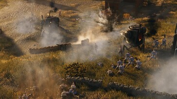 Iron Harvest'ta bir savaşı gösteren bir resim.