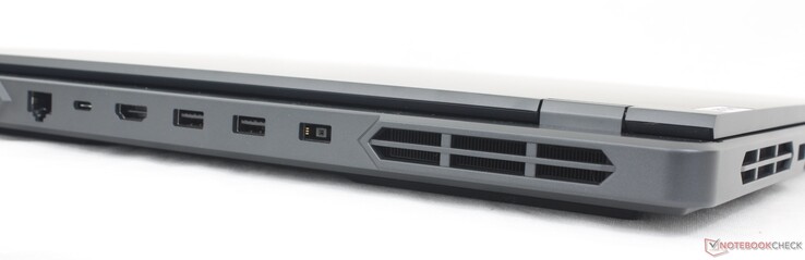 Arka kısım: RJ-45 (1 Gbps), USB-C 10 Gbps, 140 W Güç Dağıtımı + DisplayPort 1.4, HDMI 2.1 (4K60'a kadar), 2x USB-A 5 Gbps, AC adaptörü