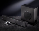 Bu masaüstü hoparlör setinin Çin'deki fiyatı yaklaşık 548 dolardır. Resimde: soundbar, woofer ve kumandayı gösteren bir tanıtım fotoğrafı yer almaktadır.