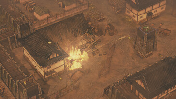 Shadow Tactics: Blades of the Shogun'daki bir dövüşü gösteren bir görsel.