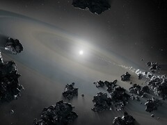 Çok sayıda asteroidi gösteren bir illüstrasyon.