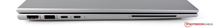 Sol: HDMI 2.1, USB-A 3.2 Gen.1 (5 GBit/s, Güçlendirilmiş), Thunderbolt 4 ile 2x USB-C 4.0 (40 GBit/s, DisplayPort-ALT modu 1.4, Güç Dağıtımı 3.0), SmartCard okuyucu