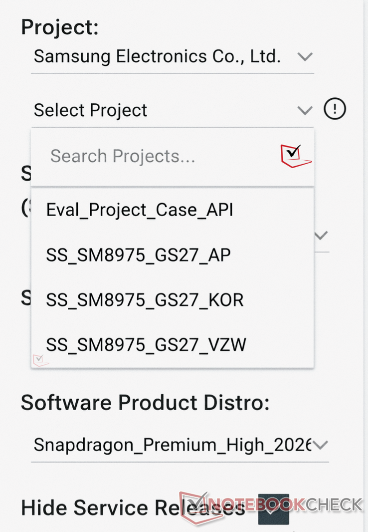 SM8975'in şu anda test edildiği bölgeleri gösteren Samsung proje listesi