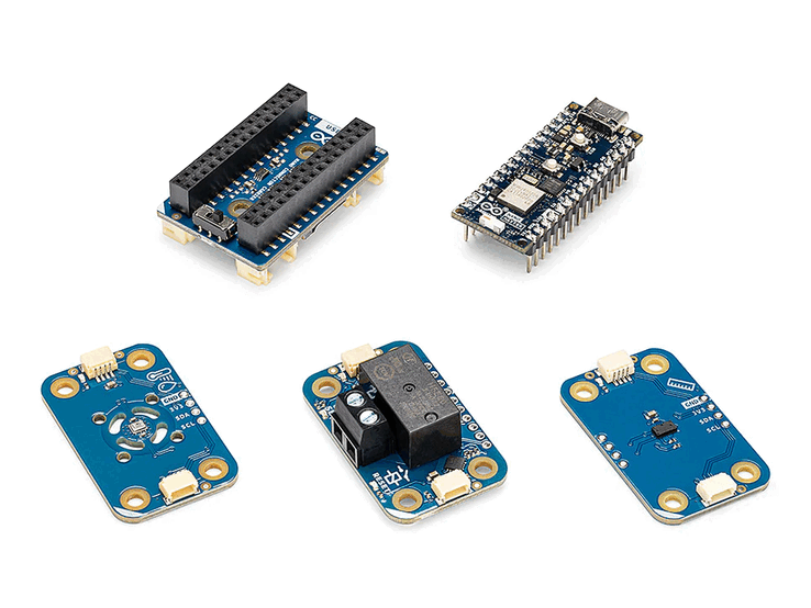 Nano Matter kartı, Konektör Taşıyıcı ve Modulino sensörü içeren Arduino Matter Discovery Bundle
