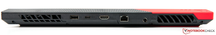 Arka: Havalandırma delikleri, 1x USB-A 3.0, DisplayPort ve Güç Dağıtımlı USB-C 3.1, HDMI 2.0b, Gigabit LAN, güç kaynağı, havalandırma delikleri