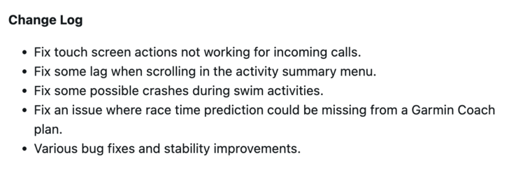 Diğer Garmin Forerunner akıllı saatler için Yazılım Sürümü 27.09 değişiklik günlüğü. (Resim kaynağı: Garmin)