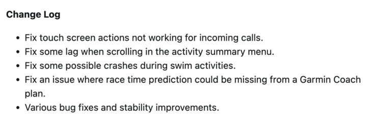 Diğer Garmin Forerunner akıllı saatler için Yazılım Sürümü 27.09 değişiklik günlüğü. (Resim kaynağı: Garmin)
