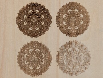 Diode lazer kullanılarak farklı güç ve derinlik değerlerinde Basswood levha üzerine LaserPecker Design Space yazılımında stok SVG tasarımı.