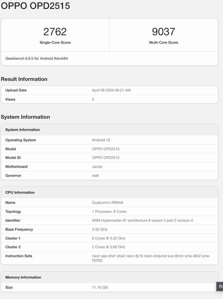 Yaklaşan Oppo cihazının Geekbench listesi.