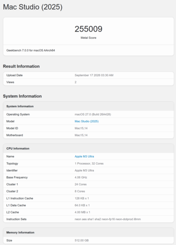Apple M3 Ultra Geekbench GPU puanı