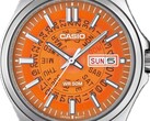 Turuncu renkli MTP-E740-4AV modelinin, altındaki gün ve gösterge çarklarını ortaya çıkaran şeffaf kadranıyla çekilmiş bir yakın çekim fotoğrafı.  