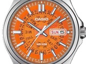 Turuncu renkli MTP-E740-4AV modelinin, altındaki gün ve gösterge çarklarını ortaya çıkaran şeffaf kadranıyla çekilmiş bir yakın çekim fotoğrafı.  