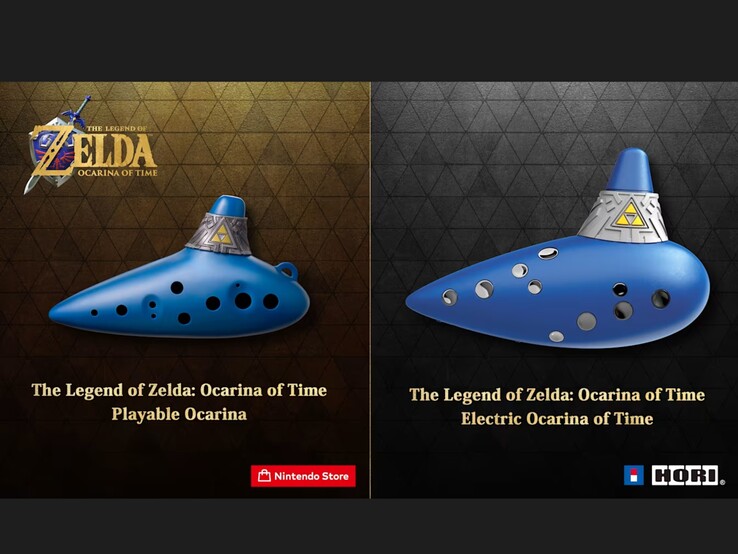 The Legend of Zelda: Ocarina of Time remake oyunu için akustik (solda) ve elektronik okarinalar (sağda).