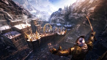 Middle-earth: Shadow of War oyununda bir kaleyi gösteren bir resim.