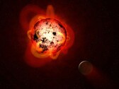 Bir protoplanet ve bir ayı gösteren bir sanatçının illüstrasyonu.