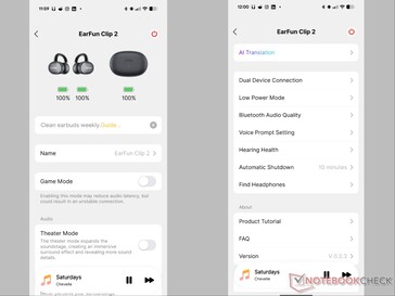 EarFun Audio uygulaması Clip 2 ana sayfasını ve ayarlarını gösterir.