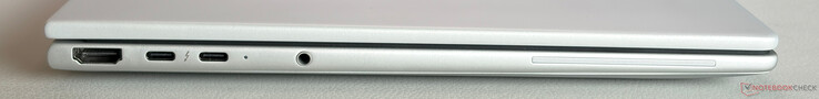 Sol: HDMI 2.1, 2 adet USB-C 4.0 (Thunderbolt 4 özellikli, 40 Gbps, DisplayPort 2.1, güç aktarımı), 3,5 mm stereo jak