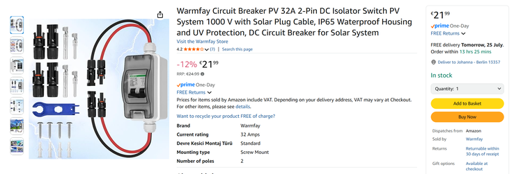 Bir PV sigorta kutusu gereklidir ancak dahil değildir ve ayrıca satın alınmalıdır. (resim kaynağı: Screenshot Amazon)
