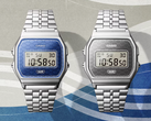 Casio Vintage AE159WEVJ-2 ve AE159WEVJ-7 mavi ve sessiz gümüş arka plana karşı.