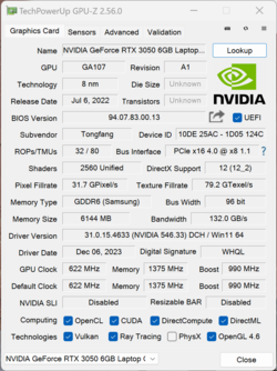 GPU-Z GeForce RTX 3050 6 GB Dizüstü Bilgisayar