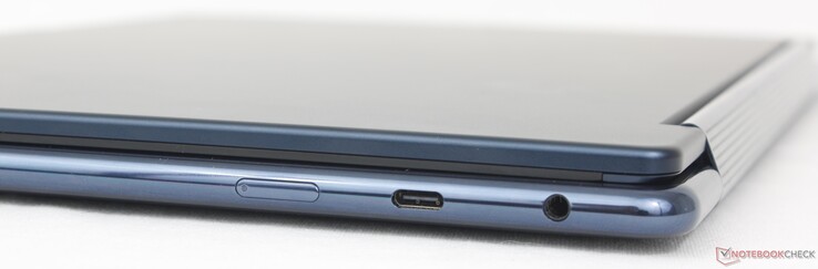 Sağ tarafta: Güç düğmesi, USB-C 3.2 Gen. 2, (10 Gbps) w/ DisplayPort 1.4 + Power Delivery 3.0, 3,5 mm kulaklık