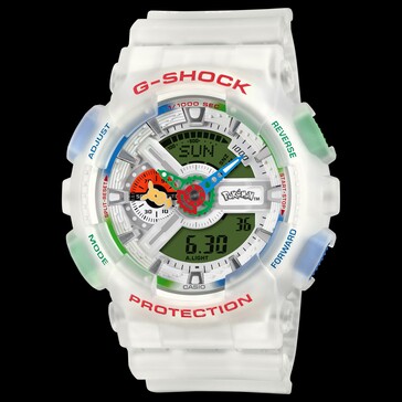 Siyah bir arka plan önünde Casio G-Shock Pokémon 30. Yıl Dönümü GA-110PKM-7A modelinin önden görünümü.